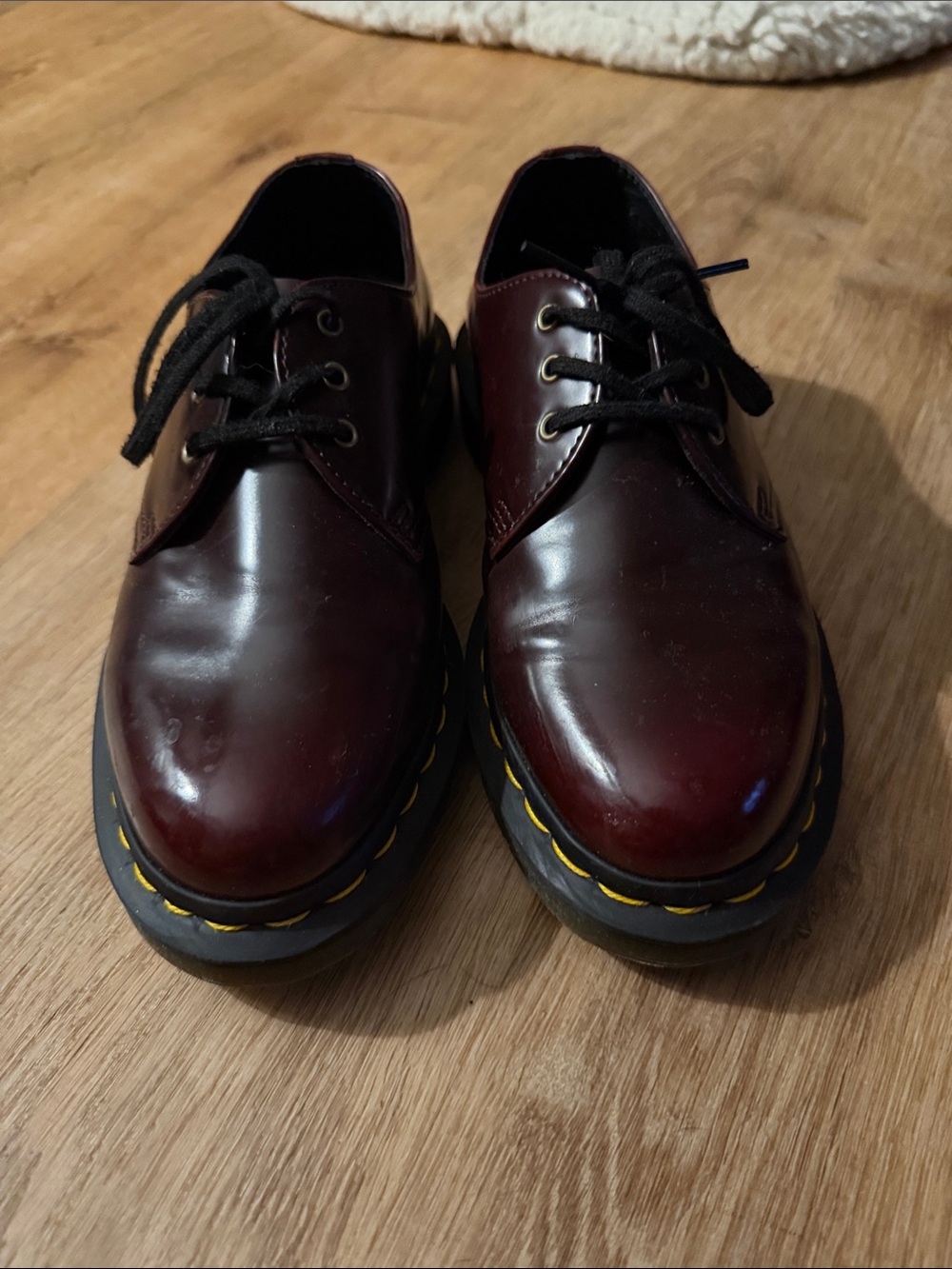 Dr. Martens Cherry Red Kids Leather Derby Shoes with Yellow Stitching